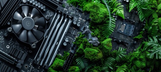 Green plant sprouting from computer processor with space for text, technology concept