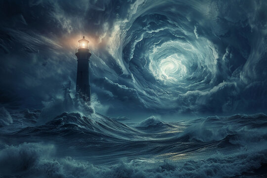 Storm clouds swirling around a lighthouse as a black hole forms nearby
