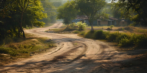 Obraz premium Winding Road Surrounded by Forest and Sunlight, Extending to Village Curved Sand or Mud Road