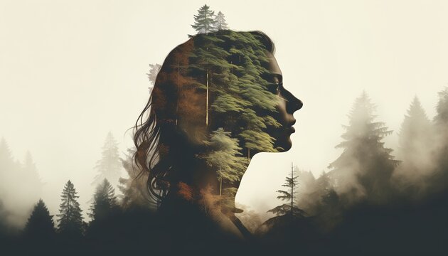Double exposure of a woman and nature concept, In concept of nature and peace of mind.