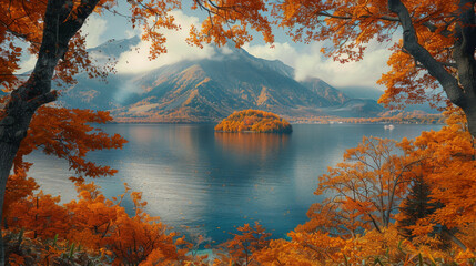 View of lake toya, framed by autumn trees in the evening, and volcanic island in the middle of the lake, abuta, hokkaido, japan, asia. - obrazy, fototapety, plakaty