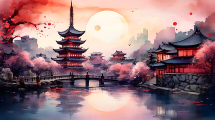 watercolor of a chinese city, asian architecture