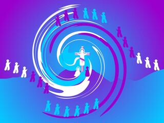 Crucifixion of Jesus on Mount Golgotha, Mary and Saint John under cross, swirl and silhouettes of modern people - abstract graphic with blue and pink colors. Topics: Paschal Triduum, Good Friday
