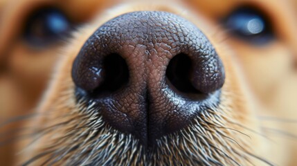 The dogs nose is black and wet, and it has long, white whiskers. The background is out of focus and is a light brown color.