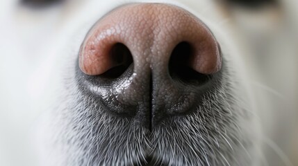 White dog nose. Detailed close-up of a cute dogs pink nose with white furry snout in soft focus background.