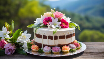 Obraz na płótnie Canvas Beautiful birthday or wedding cake decorated with spring flowers. Delicious festive dessert