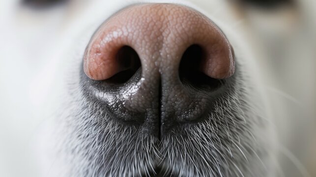 White dog nose. Detailed close-up of a cute dogs pink nose with white furry snout in soft focus background.