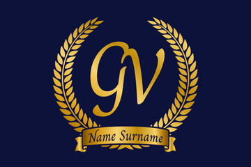 Initial letter G and V, GV monogram logo design with laurel wreath. Luxury golden calligraphy font.