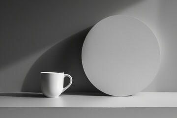 A white mug beside a perfectly circular shadow cast on a wall, showcasing contrast and minimalism