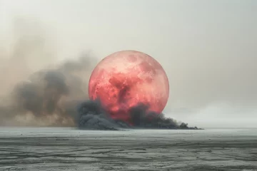 Foto op Aluminium A dramatic scene featuring a red moon casting an ominous glow over a desolate, smoke-filled terrain © Glittering Humanity