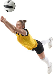 Dynamic competitive young woman, volleyball player in motion during game, hitting ball isolated on...