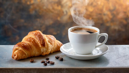 Cup of fresh and hot coffee with croissant on table. Aromatic drink.