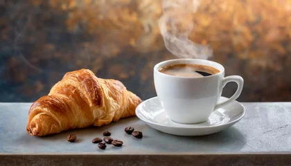 Tuinposter Cup of fresh and hot coffee with croissant on table. Aromatic drink. © hardvicore