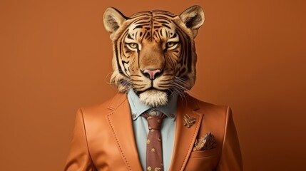 Friendly tiger in business suit pretending to work in corporate jungle, studio shot on plain wall - obrazy, fototapety, plakaty