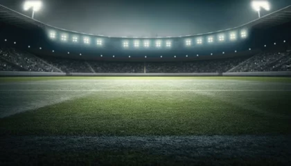 Foto op Plexiglas Soccer stadium illuminated at night, radiating energetic and motivational atmosphere. The bright stadium lights cast a glow over the lush green field, readying the scene for a thrilling game. AI © Iryna