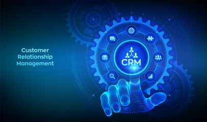 CRM. Customer Relationship Management. Customer service and relationship. Enterprise Communication. Wireframe hand touching digital interface with connected gears cogs and icons. Vector illustration. - obrazy, fototapety, plakaty