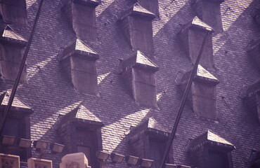 Rooftop with architectural details of Brussels town hall  at the Grand Place in Brussels during early 1990s