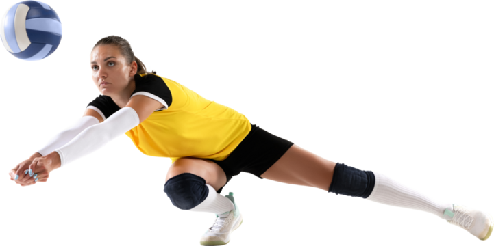 Professional female volleyball player, concentrated young woman hitting ball isolated on transparent background. Training. Concept of professional sport, game, competition, championship