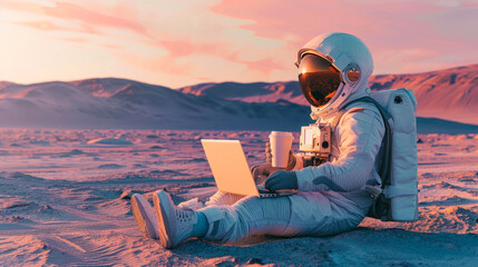 An astronaut donning space gear works on a laptop, surrounded by an icy expanse under a breathtaking sunset sky