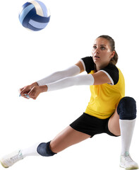 Naklejka premium Professional female volleyball player, concentrated young woman hitting ball isolated on transparent background. Training. Concept of professional sport, game, competition, championship