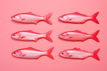four pink fish on pink background, minimalist style, grocery concept