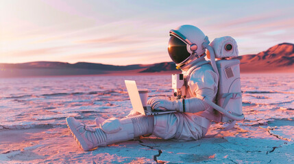 An astronaut lounges with a laptop in alien-like terrain, symbolizing solitude and the digital age - obrazy, fototapety, plakaty