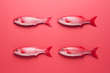 four pink fish on pink background, minimalist style, grocery concept created with Generative AI technology