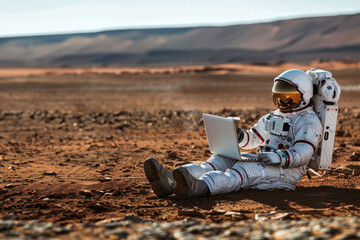 Pictured is a space-suited astronaut using a laptop on a simulated Mars environment, complete with regolith and a serene backdrop - obrazy, fototapety, plakaty