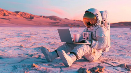 Seated astronaut with a laptop reflects on frozen ground as dusk colors the horizon in a distant world - 753093599