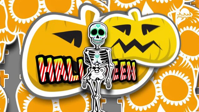 Seamless animation of cartoon mexican candy skeletons. Halloween funny background with bats, pumking, crosses and ghosts.