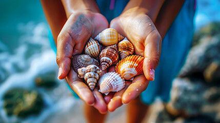 Hands Full of Assorted Colourful Seashells.
Close-up of hands holding a variety of colourful shells.
 - obrazy, fototapety, plakaty