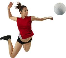 Dynamic image of competitive young girl, volleyball player hitting ball isolated on transparent background. Serving ball. Concept of professional sport, game, competition, championship - obrazy, fototapety, plakaty