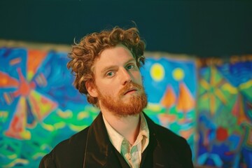Curly haired man in contemplative pose against a vibrant, abstract artistic background