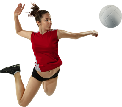 Dynamic image of competitive young girl, volleyball player hitting ball isolated on transparent background. Serving ball. Concept of professional sport, game, competition, championship