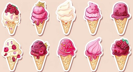 A set of pink ice cream cones with a cherry on top illustrated in a delicious style. AI generated