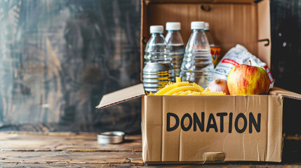 A wooden crate marked "DONATION" is filled with various food items including apples, pasta, onions, and a bottle of juice, set against a rustic wooden backdrop.
