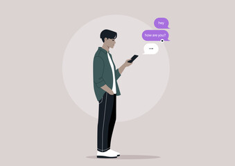 Casual Digital Conversation, A character Texting on their Phone, a millennial stands engrossed in a texting conversation on their smartphone