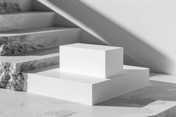 White cube placed centrally on steps with contrasted shadows and highlights creates a pure minimalistic scene