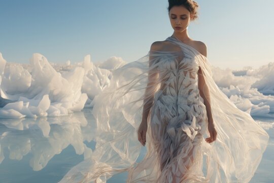 A dreamlike image of a woman draped in flowing fabric, set against a serene icy landscape