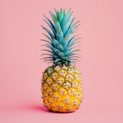 A bold, vibrant pineapple presented solo on a pink backdrop imparting a tropical, exotic appeal