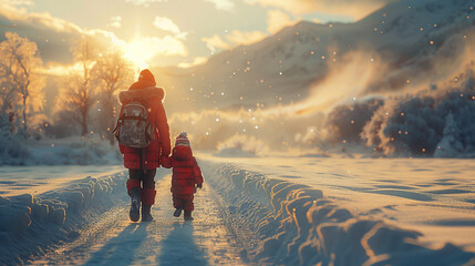 Back view of mother with child on a winter road. - obrazy, fototapety, plakaty