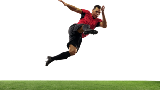 Young man, soccer player in black and red uniform, hitting ball in a jump, playing isolated on transparent background. Concept of sport, game, competition, championship, active lifestyle