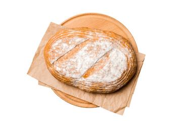 Freshly baked bread on cutting board isolated on white background . top view bread with copy space