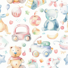 Craft a world of soft giggles with seamless pastel baby toys, each watercolor clipart a single note...