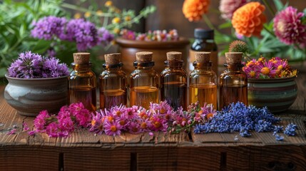 Essential Aromatic oil in brown bottle and fresh bouquet of lavender blooming flowers, natural remedies, aromatherapy, naturopathy concepts - obrazy, fototapety, plakaty