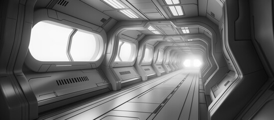 A 3D illustration of a futuristic, minimalistic spaceship corridor with a bright light at the end,...