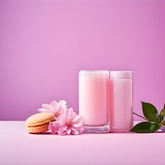 Pink flowers, candles, and a macaron on a pink background