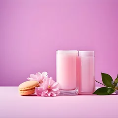 Foto op Plexiglas Pink flowers, candles, and a macaron on a pink background © aicraft