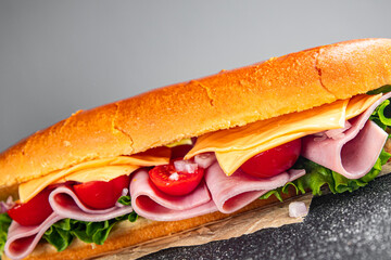 sandwich ham sliced meat, cheese, vegetables, bun bread fresh food tasty eating cooking appetizer meal food snack on the table copy space food background rustic top view