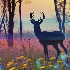Deer silhouette with a wildflower field.